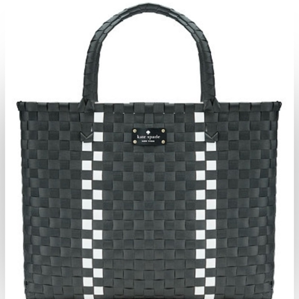 Kate Spade Beach Basketweave Tote Bag - Black with white stripes. NWT